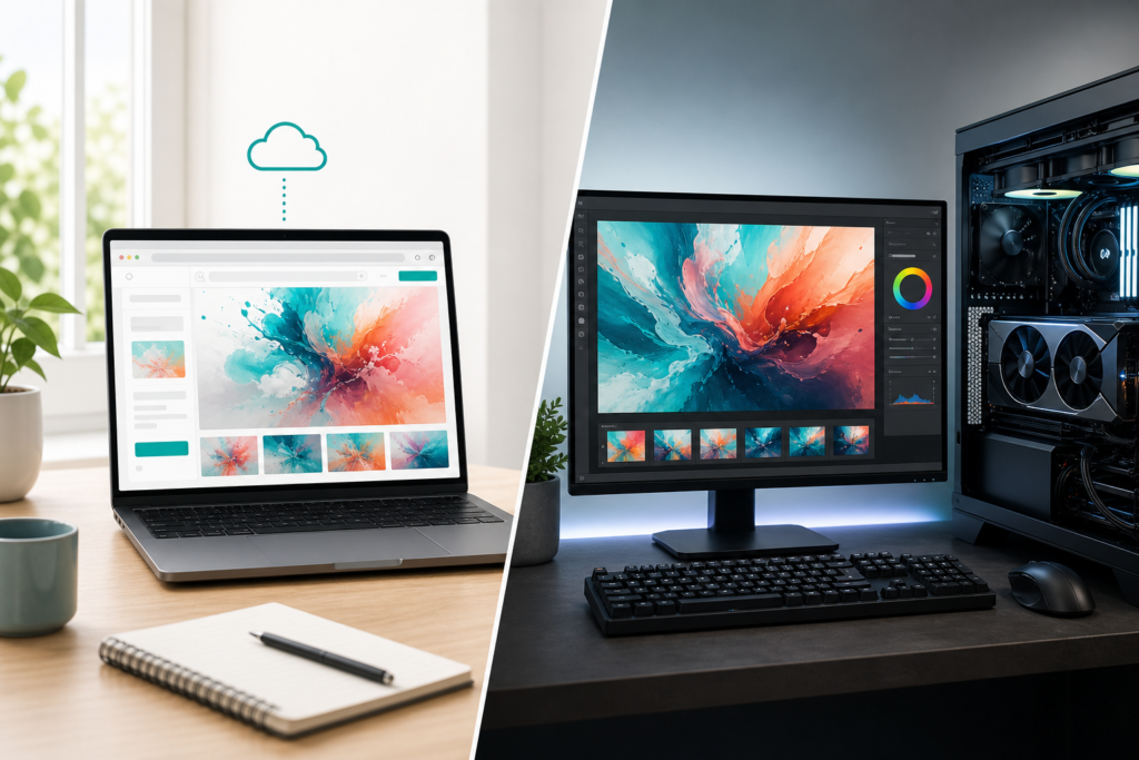 クラウド型AI画像生成とローカルPC環境の比較イメージ