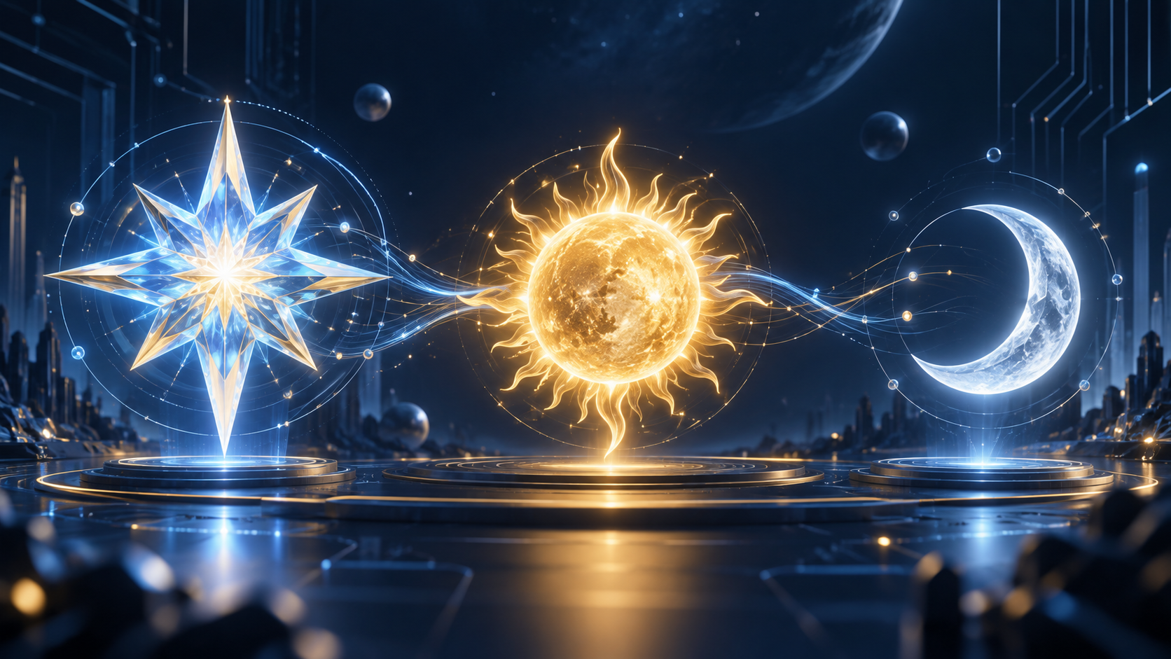 星、太陽、月の三つの光でGPT-6 Astra、Sol、Lunaの違いを表したAI生成イラスト。公式画像ではありません。