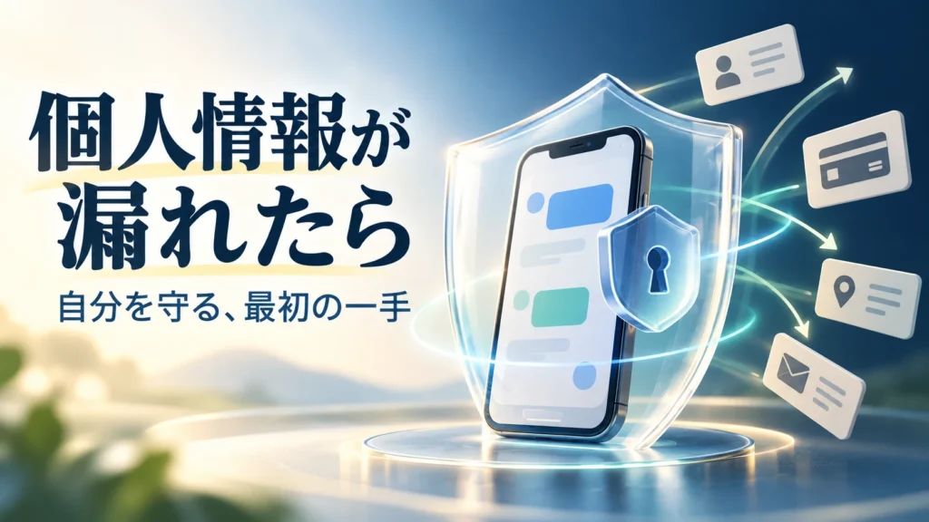 スマートフォンと個人情報を盾で守るAI生成イメージ。個人情報が漏れたら、自分を守る最初の一手。